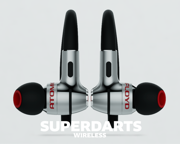 Pair of Atomic Floyd SuperDarts Wireless earphones on a light grey background